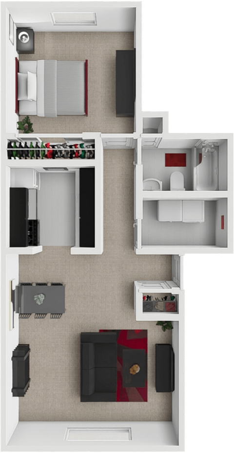A floor plan of a small apartment with a kitchen, living room, and bathroom.