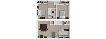 A 3D floor plan of a house with a kitchen, living room, and bathroom.