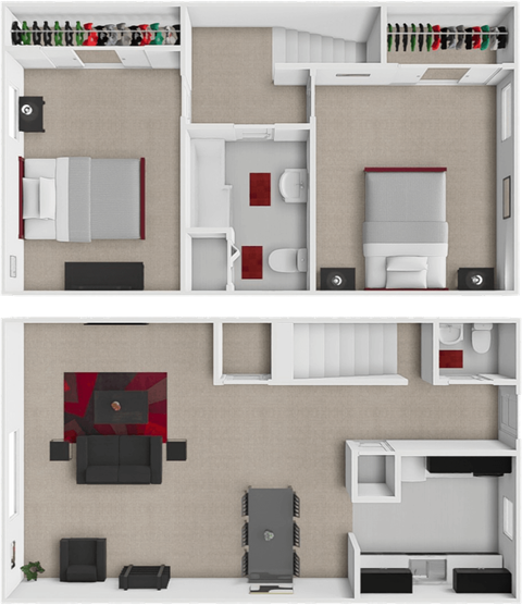 A 3D floor plan of a house with a kitchen, living room, and bathroom.