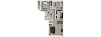 A 3D floor plan of a house showing a kitchen, living room, dining area, and bedrooms.