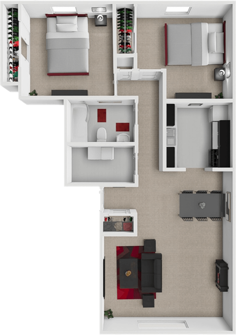 A 3D floor plan of a house showing a kitchen, living room, dining area, and bedrooms.