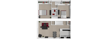 A top-down view of a small apartment with a kitchen, living room, and bedroom.