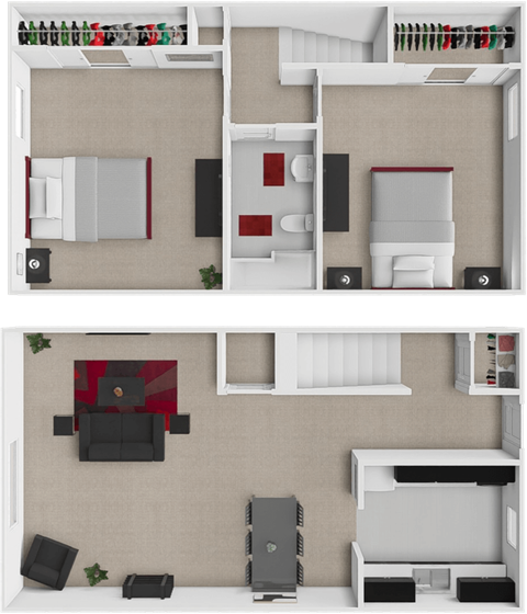 A top-down view of a small apartment with a kitchen, living room, and bedroom.
