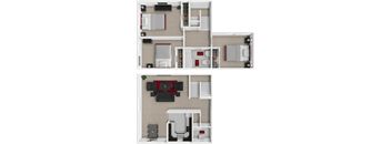 A 3D floor plan of a house with a kitchen, living room, and bathroom.
