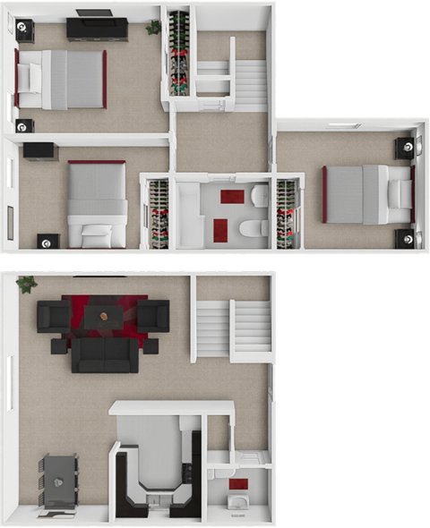 A 3D floor plan of a house with a kitchen, living room, and bathroom.