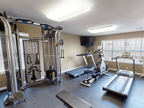 A gym with a variety of equipment including treadmills, weights, and a television.