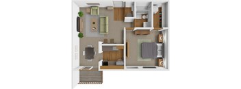 A top-down view of a house layout with a living room, kitchen, and bedrooms.