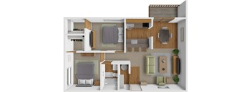 A 3D rendered image of a modern apartment layout.
