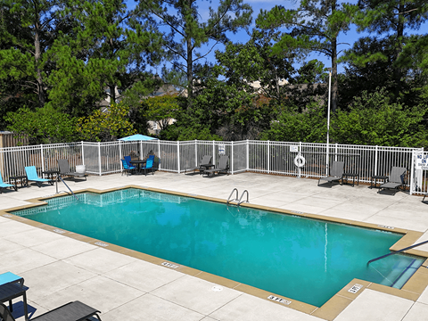 A small pool surrounded by a fence and trees.