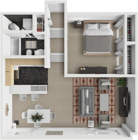 a 3d rendering of a bedroom with a bathroom and a living room