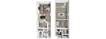 two layouts of a house with a living room and a dining room
