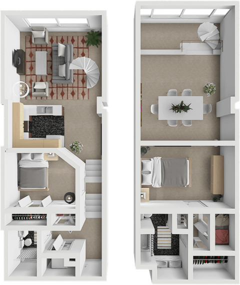 two layouts of a house with a living room and a dining room