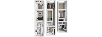 a 3d rendering of a 3 bedroom house with a balcony and a living room