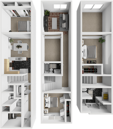 a 3d rendering of a 3 bedroom house with a balcony and a living room