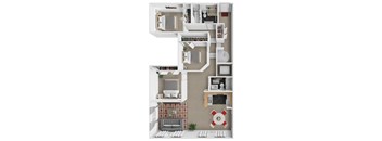 A top-down view of a small apartment with a living room, kitchen, and bathroom.