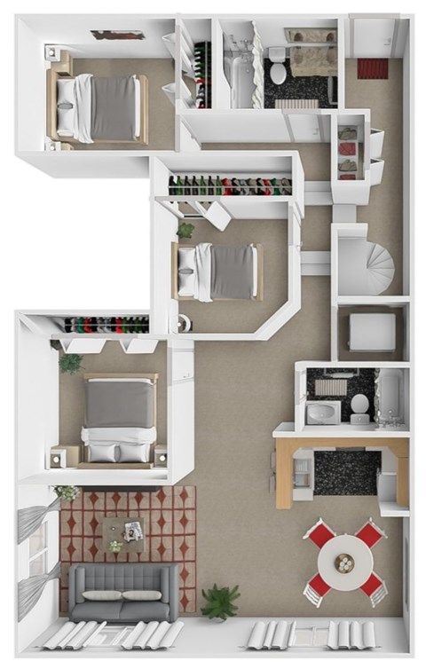 A top-down view of a small apartment with a living room, kitchen, and bathroom.