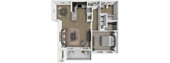 A 3D floor plan of a house with a living room, kitchen, and dining area.