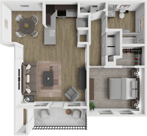 A 3D floor plan of a house with a living room, kitchen, and dining area.