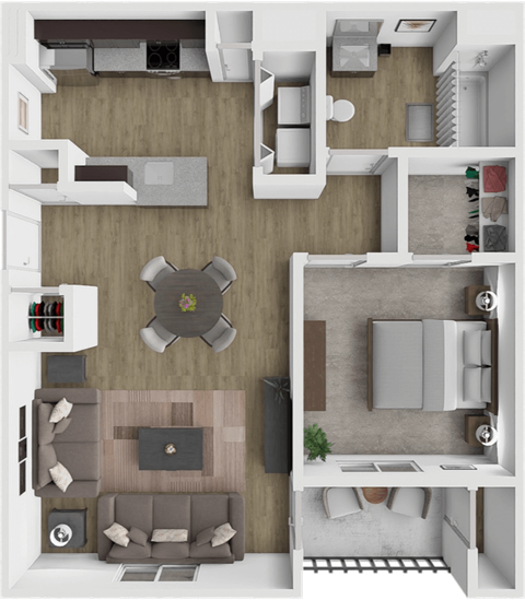 A top-down view of a modern apartment layout with a kitchen, living room, and bedroom.