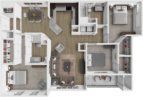 A 3D rendered image of a house layout.