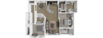 A 3D floor plan of a house showing a kitchen, living room, and two bedrooms.