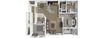 A 3D floor plan of a house showing a kitchen, living room, and bathroom.