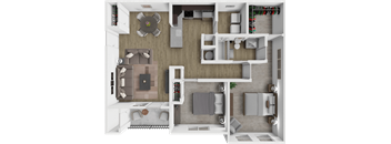 A 3D floor plan of a house showing a living room, kitchen, and bathroom.
