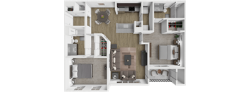 A 3D floor plan of a house with a kitchen, living room, and bathroom.