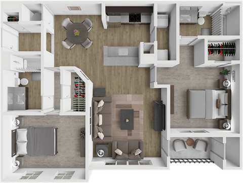 A 3D floor plan of a house with a kitchen, living room, and bathroom.