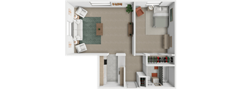 A 1 bed 1 bath 3D floor plan at Westview Apartments