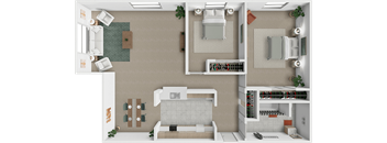 A 2 bed 1 bath 3D floor plan at Westview Apartments