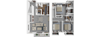 A 3D floor plan of a house showing two bedrooms, a living room, a kitchen, and a staircase.
