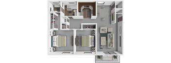 A 3D floor plan of a house with a living room, kitchen, and two bedrooms.