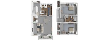 A 3D floor plan of a house with two bedrooms, a living room, a kitchen, and a bathroom.