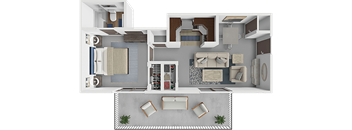 A top-down view of a modern apartment layout.