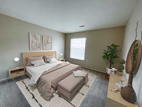 a bedroom with a bed and a rug