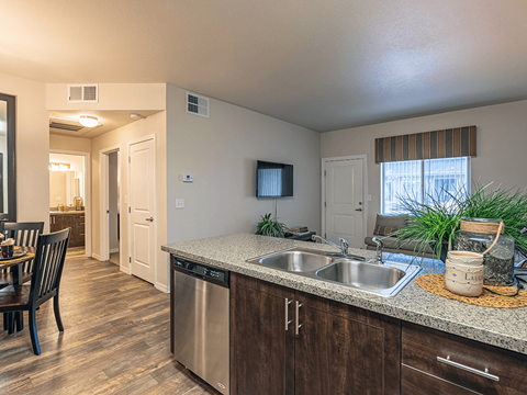 A kitchen with a stainless steel dishwasher and a sink.