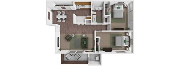 A top-down view of a small apartment layout with a kitchen, living room, and bathroom.