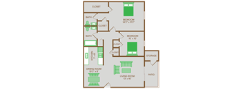 two bedroom one and a half bathroom floor plan at walnut creek apartments