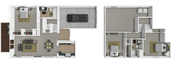 A 3D floor plan of at 2-floor townhouse at Mariposa Townhomes.