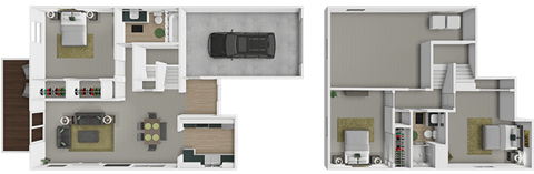 A 3D floor plan of at 2-floor townhouse at Mariposa Townhomes.