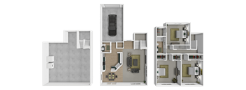A 3D floor plan of at 3-floor townhouse at Mariposa Townhomes.