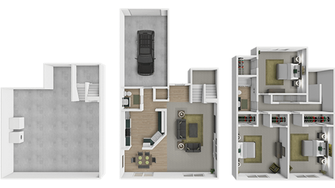 A 3D floor plan of at 3-floor townhouse at Mariposa Townhomes.
