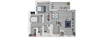 A top-down view of a modern apartment layout with a kitchen, living room, and bedrooms.