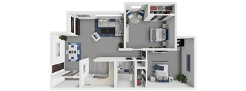 A 3D rendered image of a modern apartment layout.