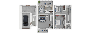 A 3D floor plan of a house with a car parked outside.