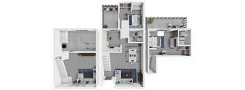 A 3D floor plan of a house with multiple rooms and furniture.