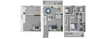 A 3D floor plan of a house with a kitchen, living room, and bedrooms.