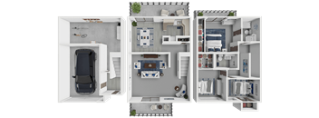 3D floor plan of 3 bedroom 2 bath Paddock Village Townhome with garage