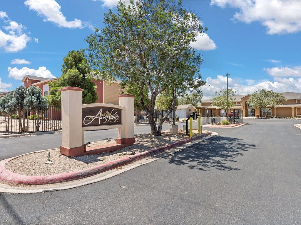 A tree stands in front of a sign that says